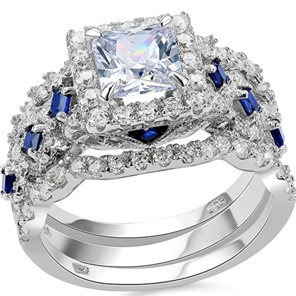 2.5ct Princess Cut 3 PC Diamond Engagement Ring Wedding Band Set Cushion Blue - Picture 1 of 4